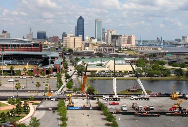 Aerial view of pipe installation in the center of downtown Jacksonville